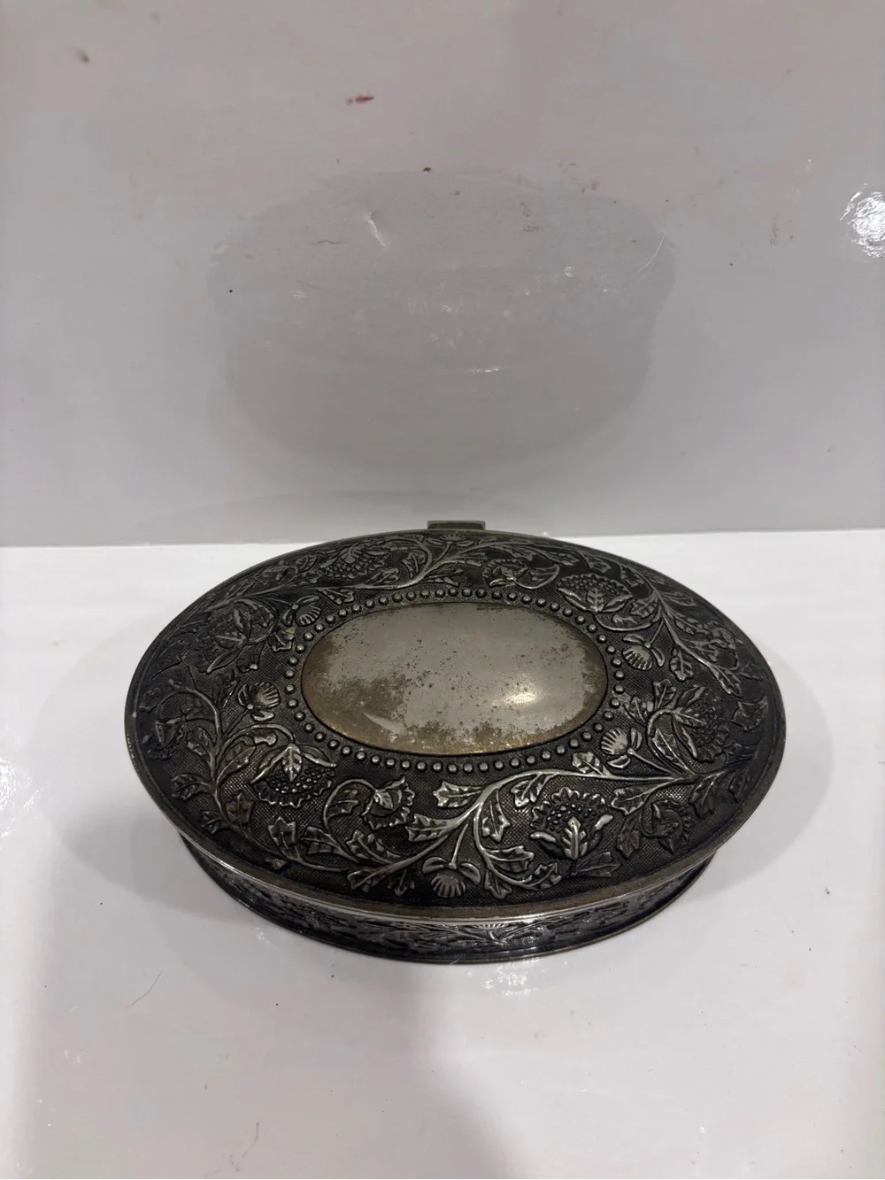 Decorative Floral Etched Trinket Box - Black/silver- vintage hinged velvet lined